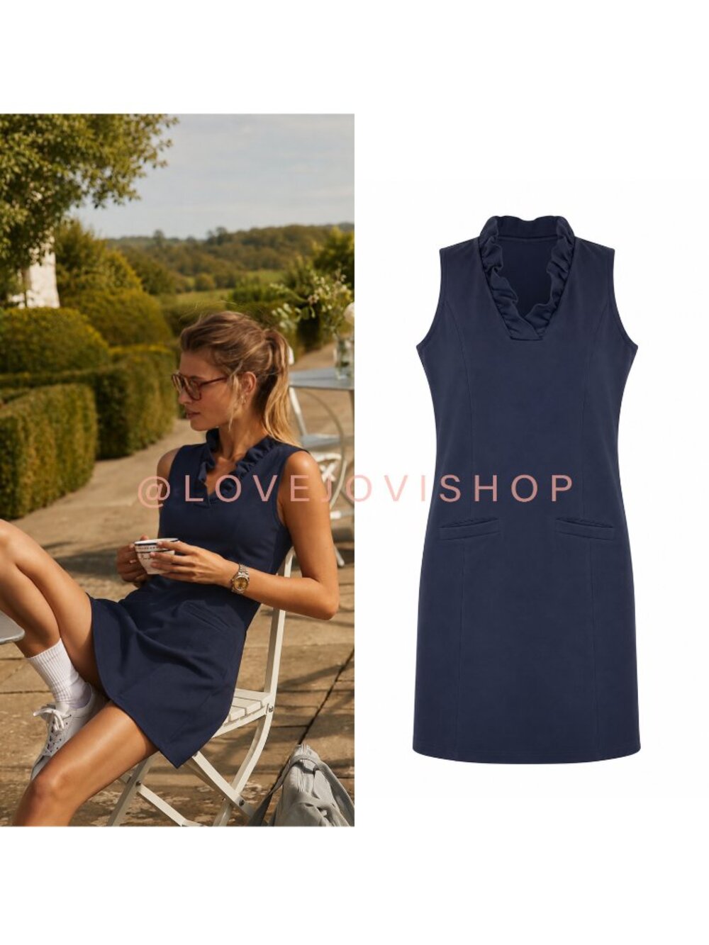 Coastal | Jofit Tennis Golf Dress | Ruffle Neckline Pockets | Navy Fitted Sheath